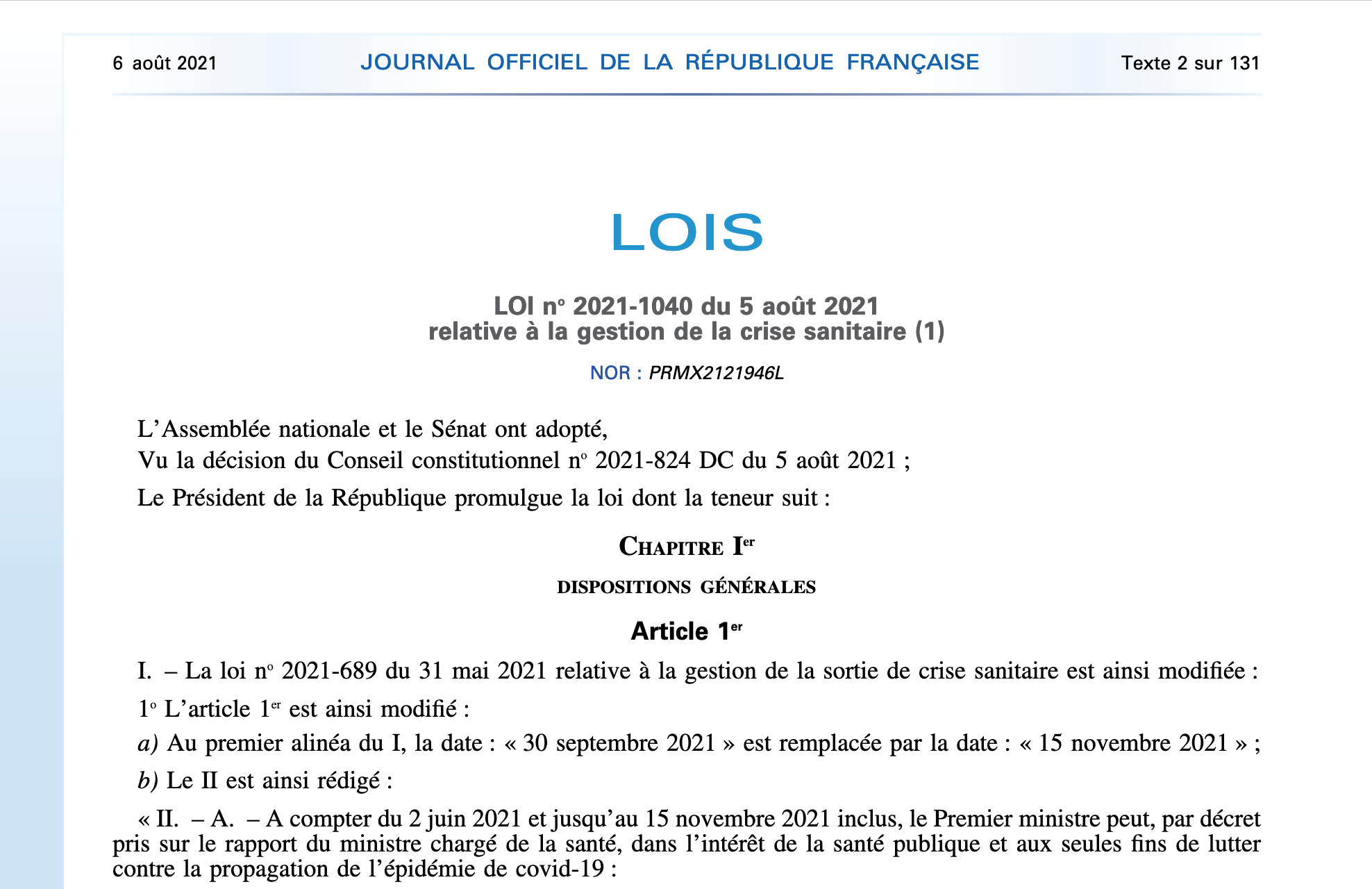 Loi n° 2021-1040 du 5 août 2021 relative à la gestion de la crise sanitaire