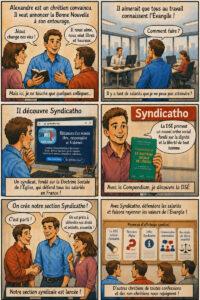 Tract expliquant aux chrétien un des intérêts de Syndicatho pour faire connaître la Bonne Nouvelle dans leur milieu professionnel
