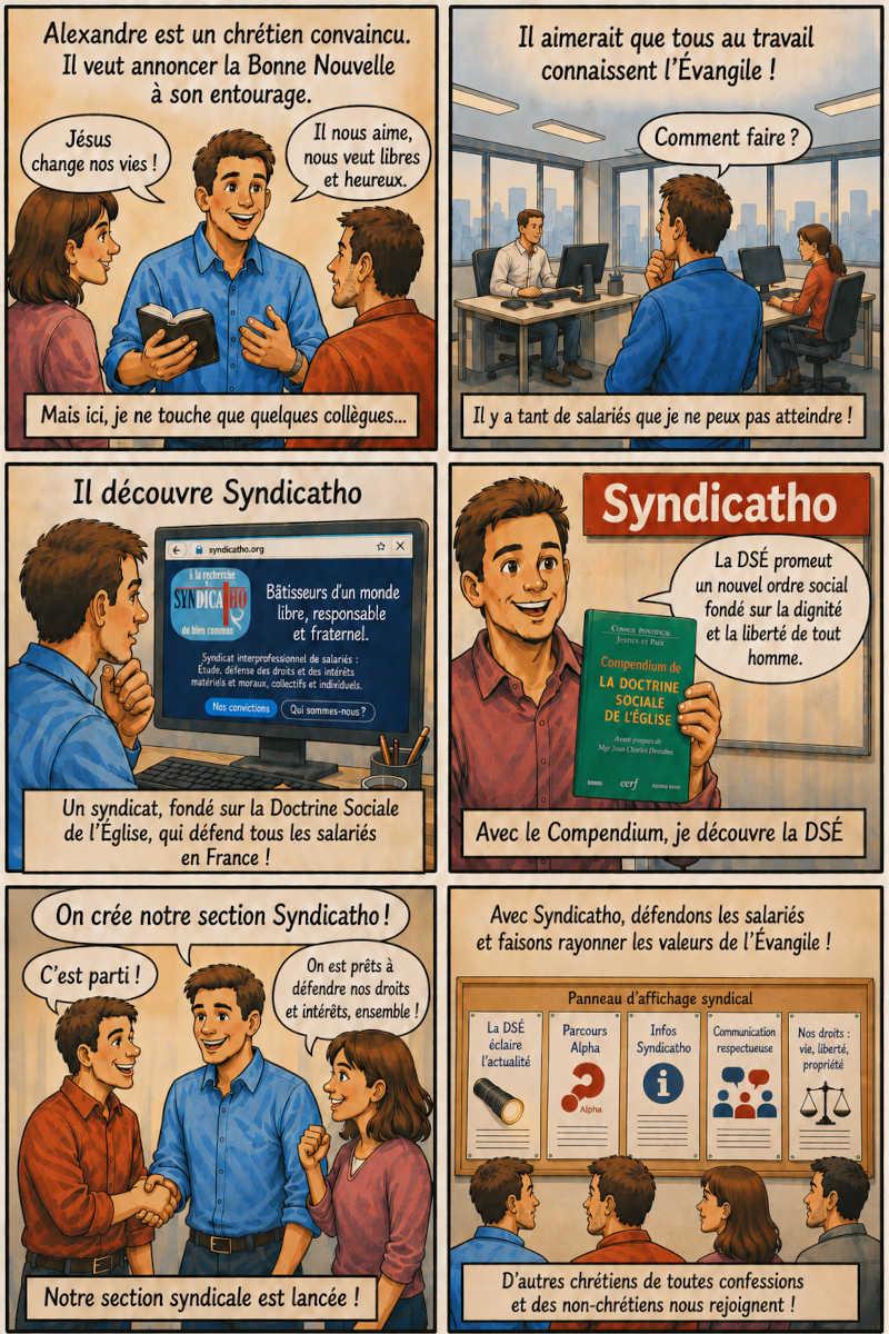 Tract expliquant aux chrétien un des intérêts de Syndicatho pour faire connaître la Bonne Nouvelle dans leur milieu professionnel