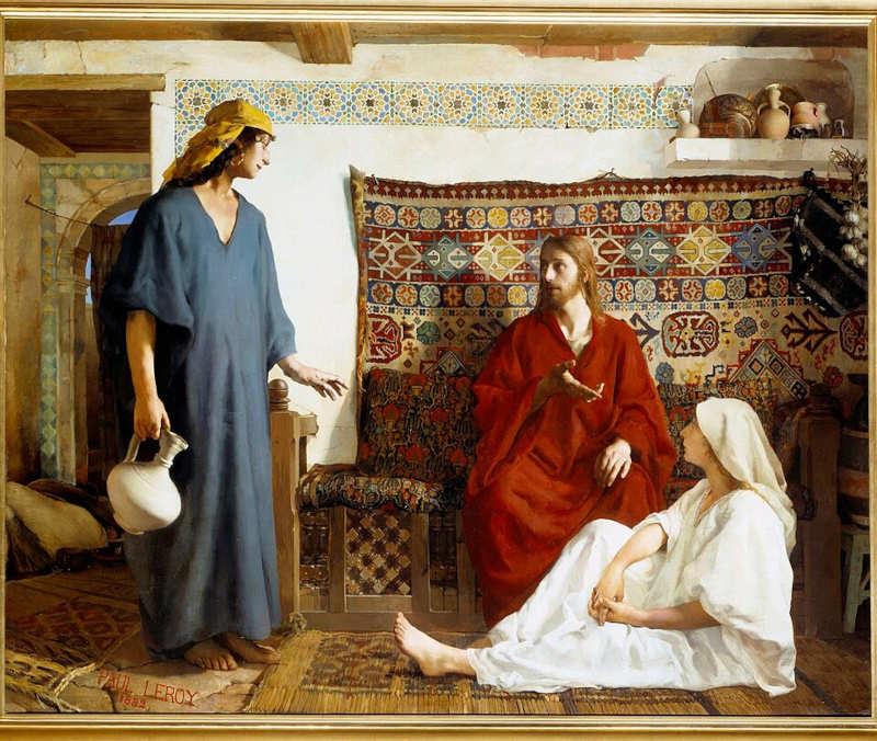 «  Jésus chez Marthe et Marie », peint par Paul Alexander Alfred Leroy (1860–1942). Musée des Beaux-Arts de Rouen. Domaine public, via Wikimedia Commons.