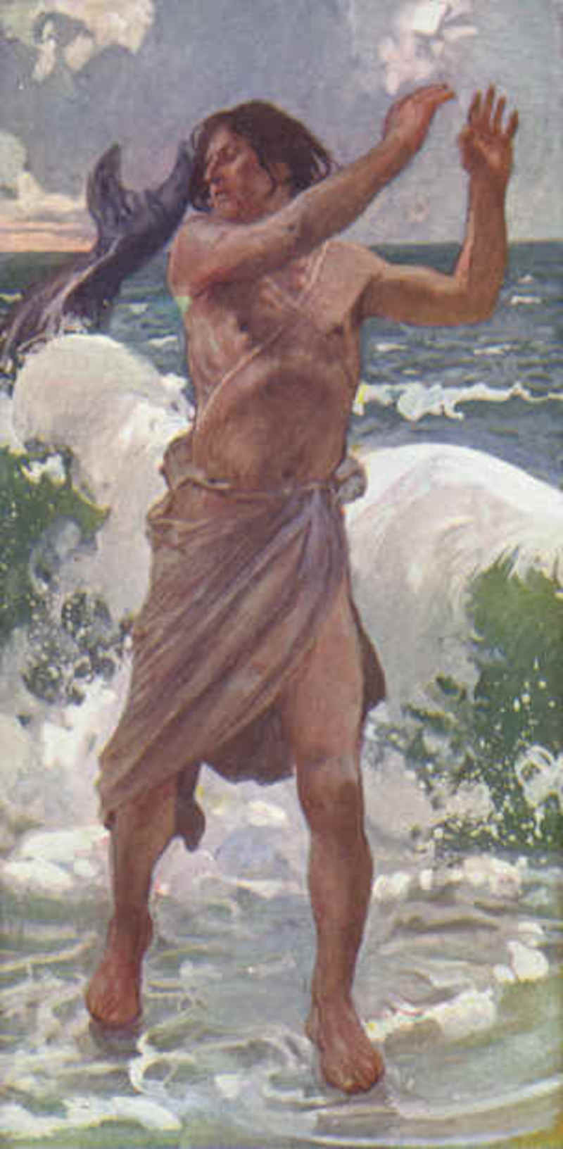 « Jonas », peint entre 1886 et 1894 par James Tissot (1836–1902). D'après Jonas 2, 10 « Et le Seigneur commanda le poisson, et il vomit Jonas sur la terre sèche. » - Musée de Brooklyn. Domaine public, via Wikimedia Commons.
