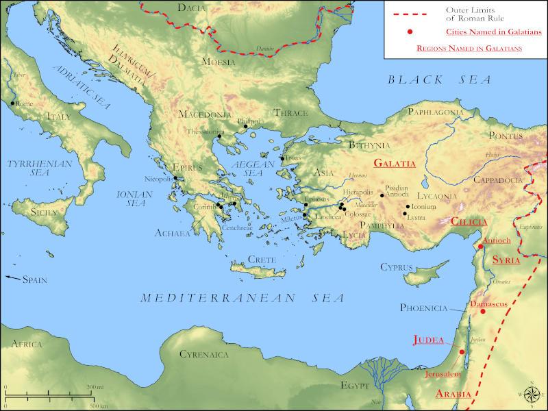 Carte des lieux (en rouge) cités dans la lettre de saint Paul aux Galates. Crédit à Biblica, Inc, and Biblica Open Study Bible Resources, licence CC BY-SA 4.0, via Wikimedia Commons.