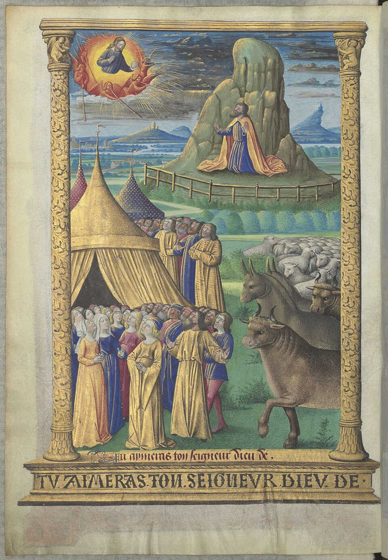 « "Tu aimeras ton seigneur Dieu" : l'apparition de Dieu à Moïse et au peuple juif. » Heures de Louis de Laval. Enluminure sur parchemin réalisée par Jean Colombe (1430–1493), Maître du Missel de Yale (fl. 1468–1490). Bibliothèque Nationale de France. Domaine public, via Wikimedia Commons.